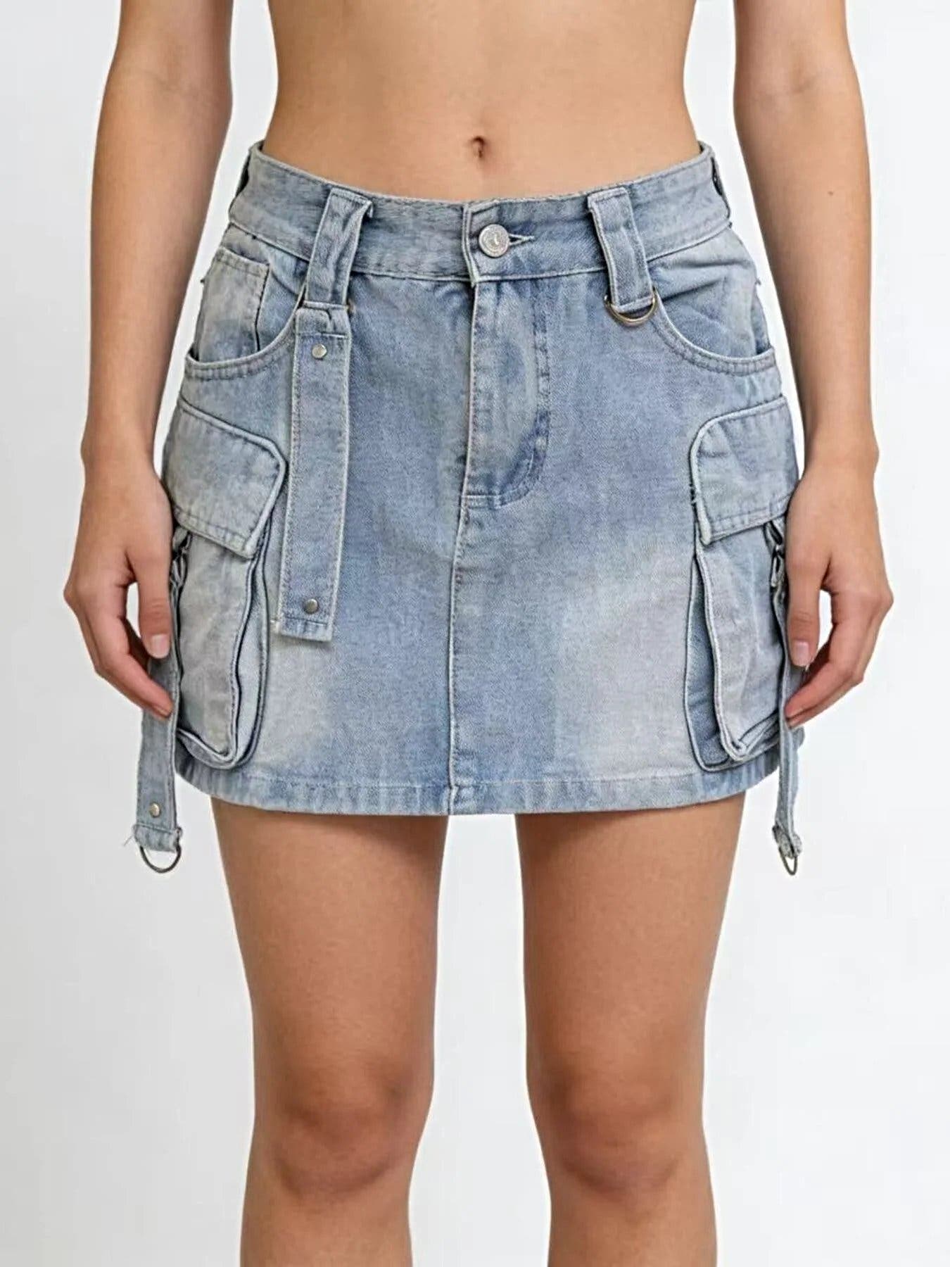Washed Cargo Denim Skirt -