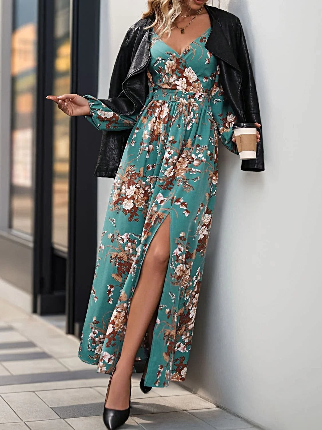 Perfee Elegant 100% Polyester Maxi Dress With Slit - Long Sleeve Surplice Design Trendsi