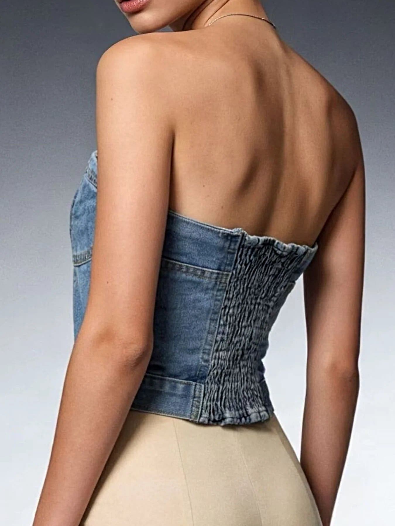 Button-Front Denim Tube Top -