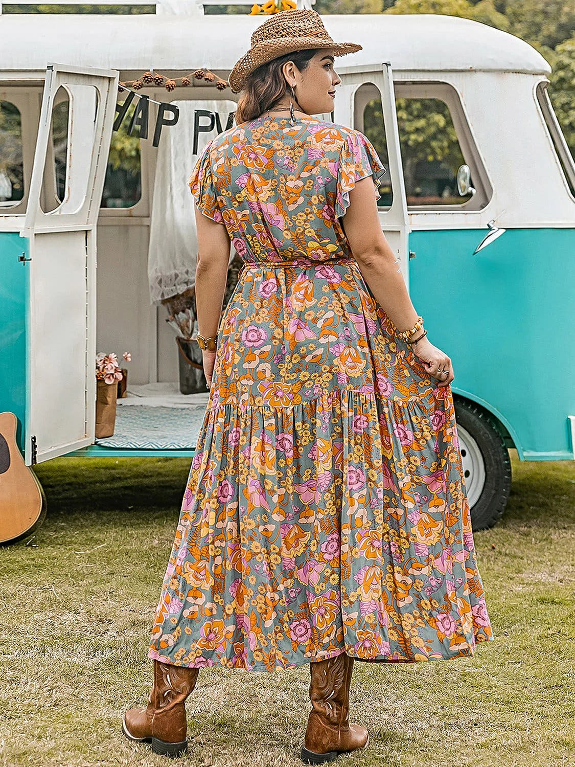 Plus Size Ruffled Printed Cap Sleeve Dress -