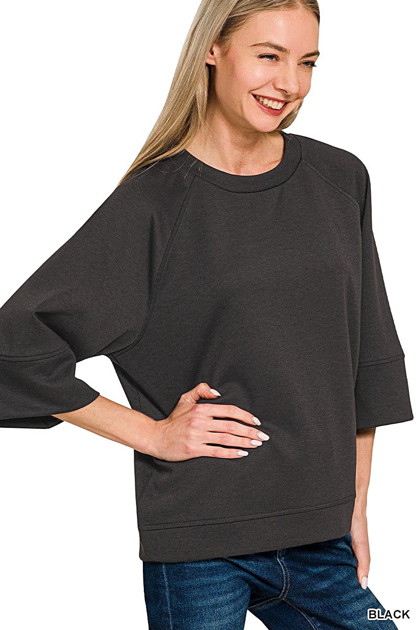 Zenana Scuba 3/4 Sleeve Pullover -