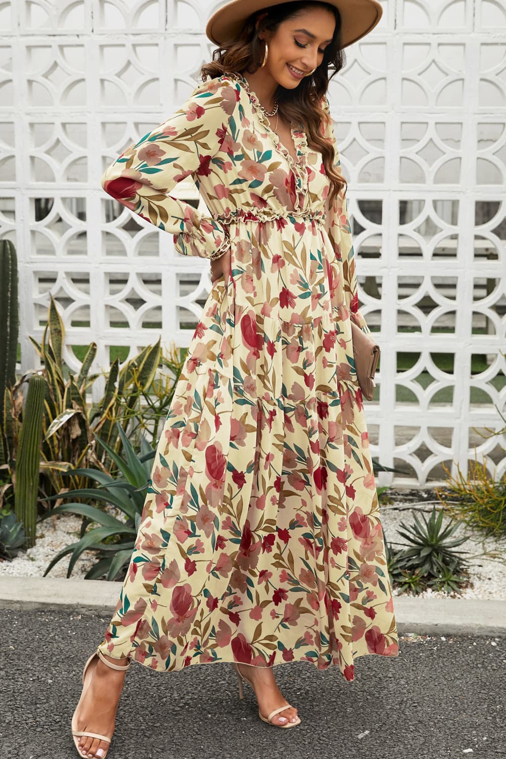 Floral Frill Trim Flounce Sleeve Plunge Maxi Dress Trendsi