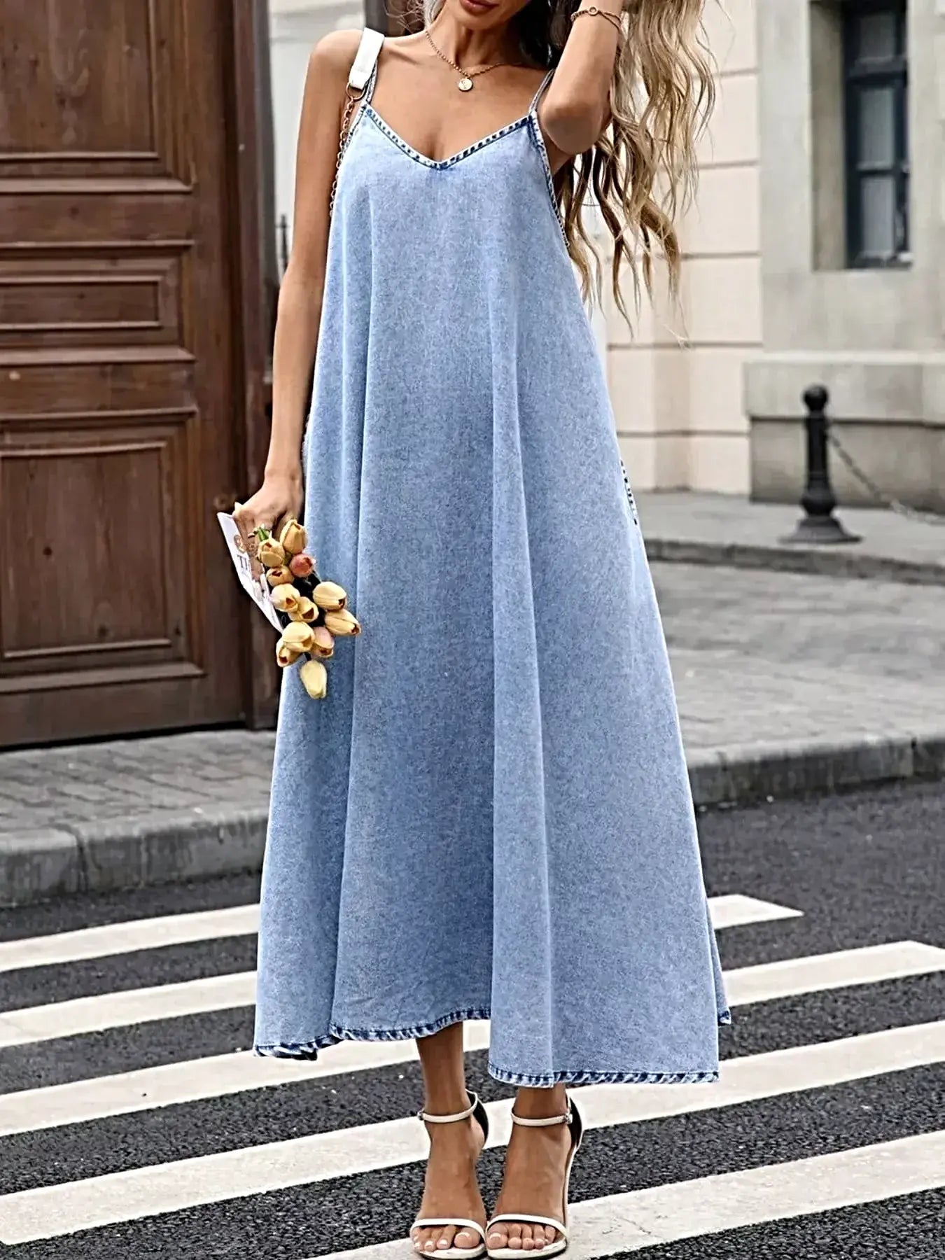 V-Neck Denim Cami Dress -