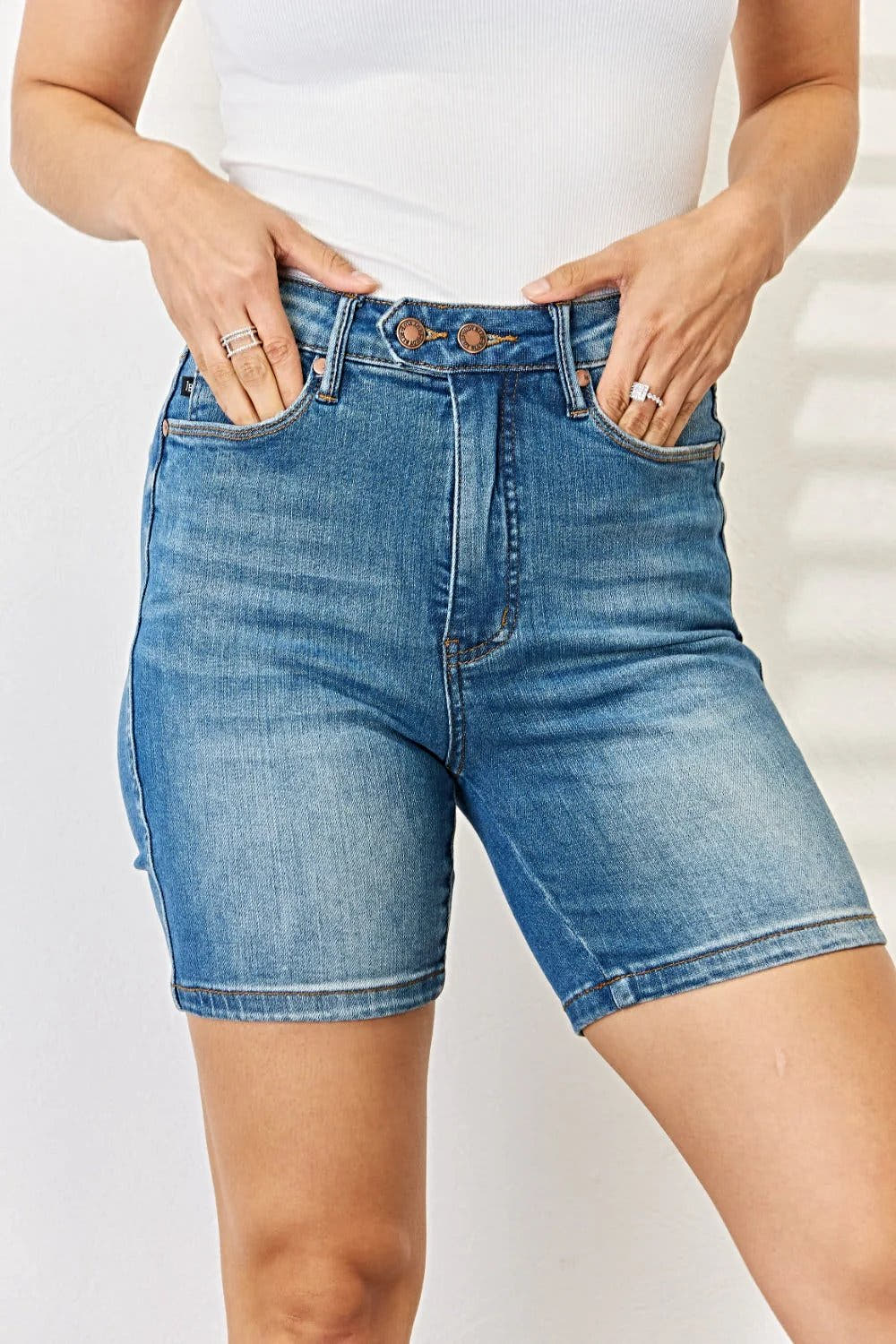 Judy Blue Tummy Control Bermuda Shorts with Double Button Design for Flattering Fit Trendsi
