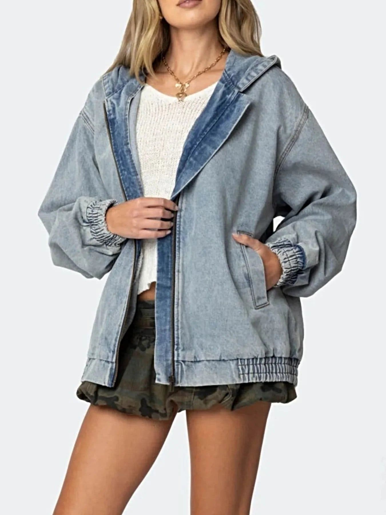 Hooded Oversized Zip Up Denim Jacket -