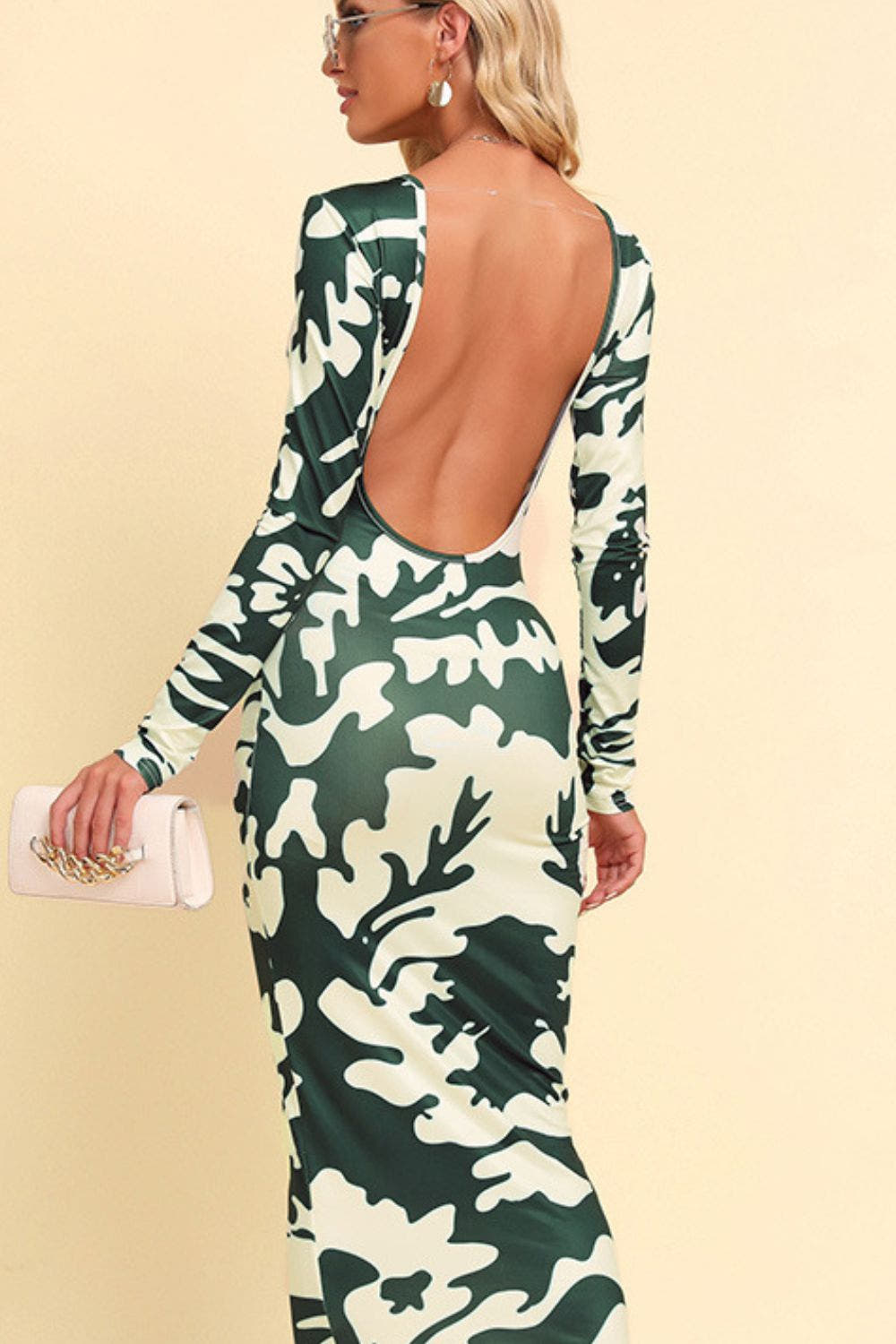 Printed Backless Long Sleeve Maxi Dress -