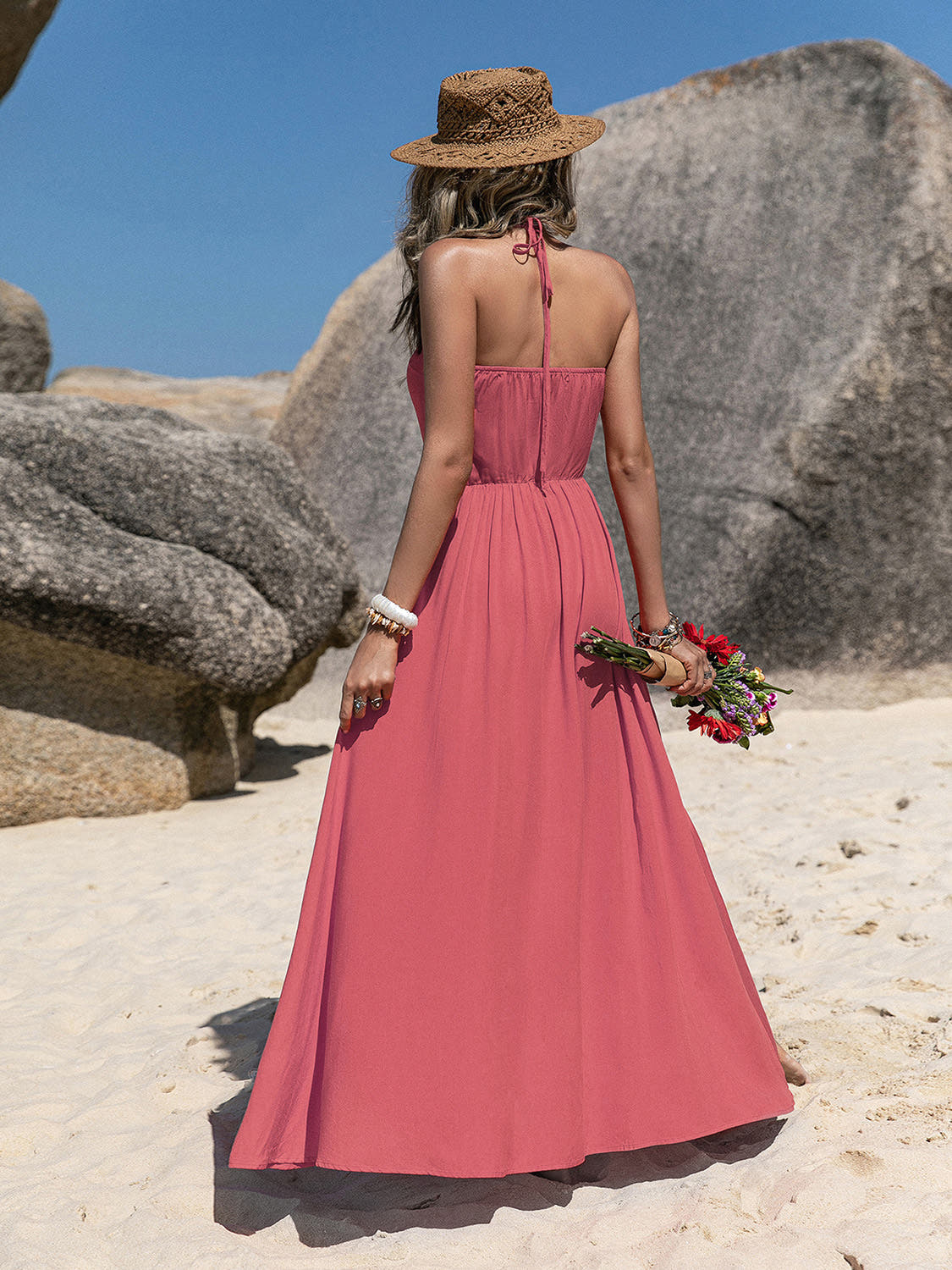Luxury Maxi V-Neck Dress with Button Details - Sleeveless A-Line Beach Style Trendsi
