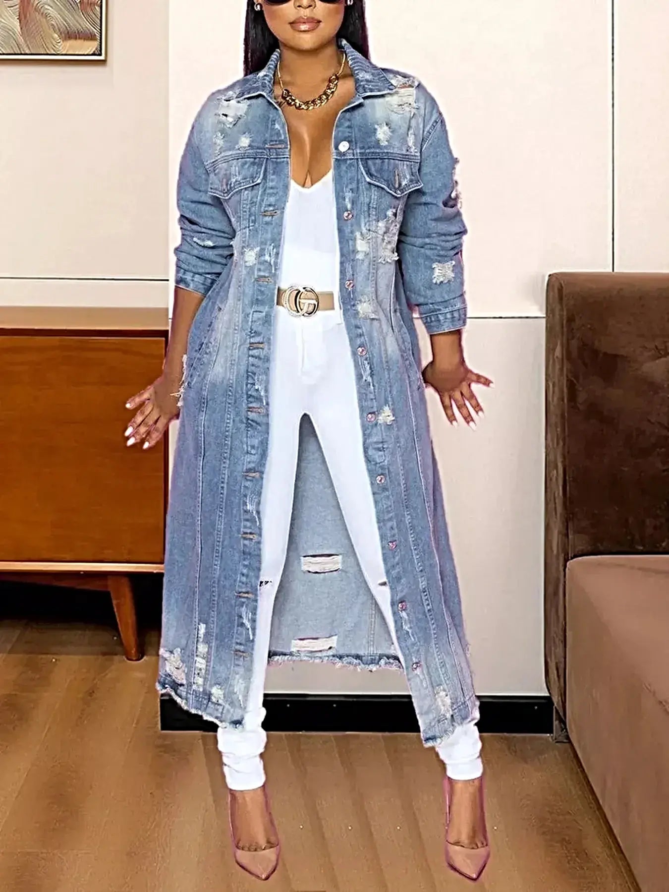Long Sleeve Raw Hem Denim coat -
