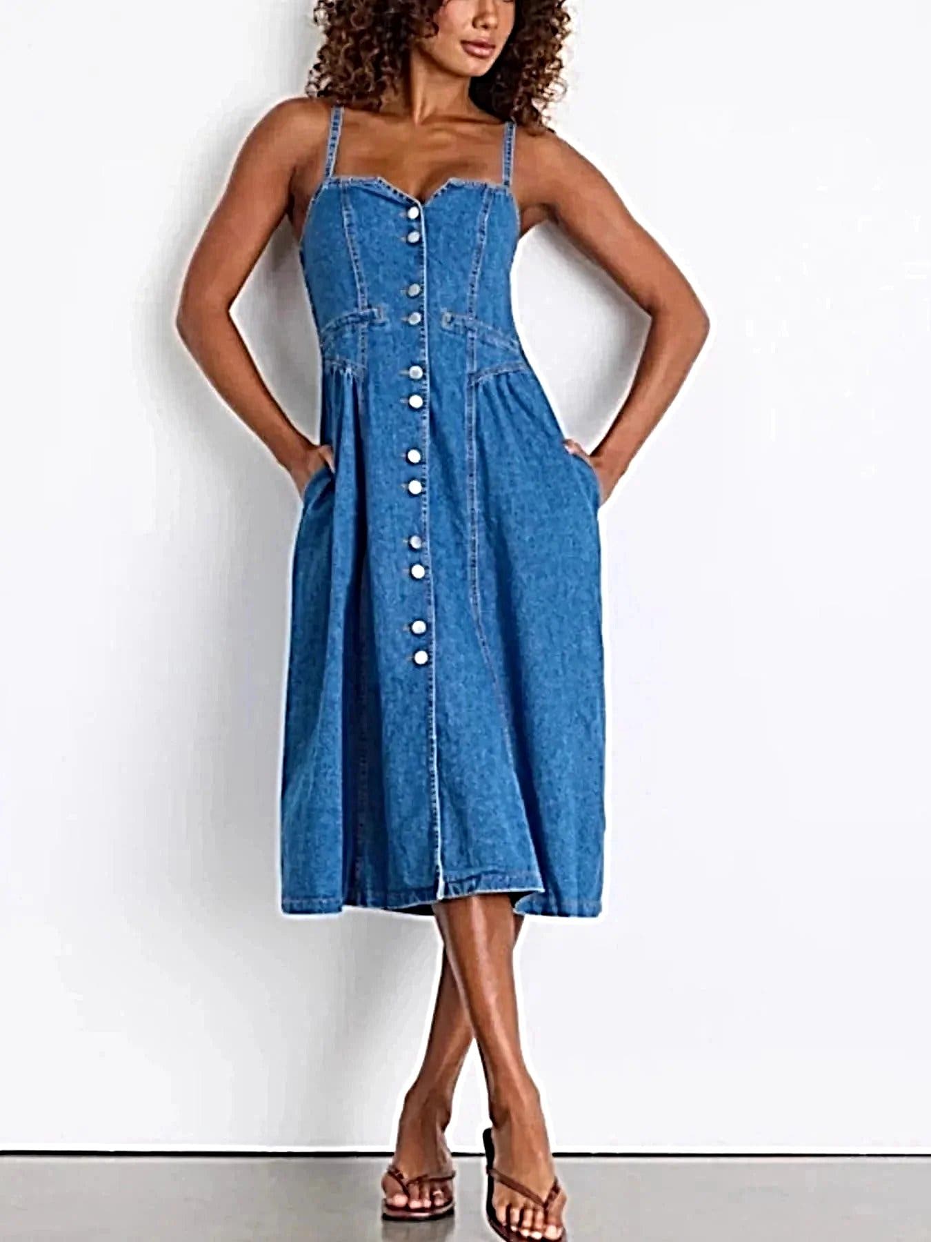 Button-Front Midi Denim Dress -