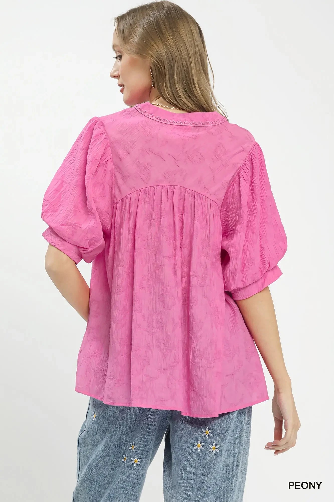 Umgee Textured Lace Trim V-Neck Boho Blouse -