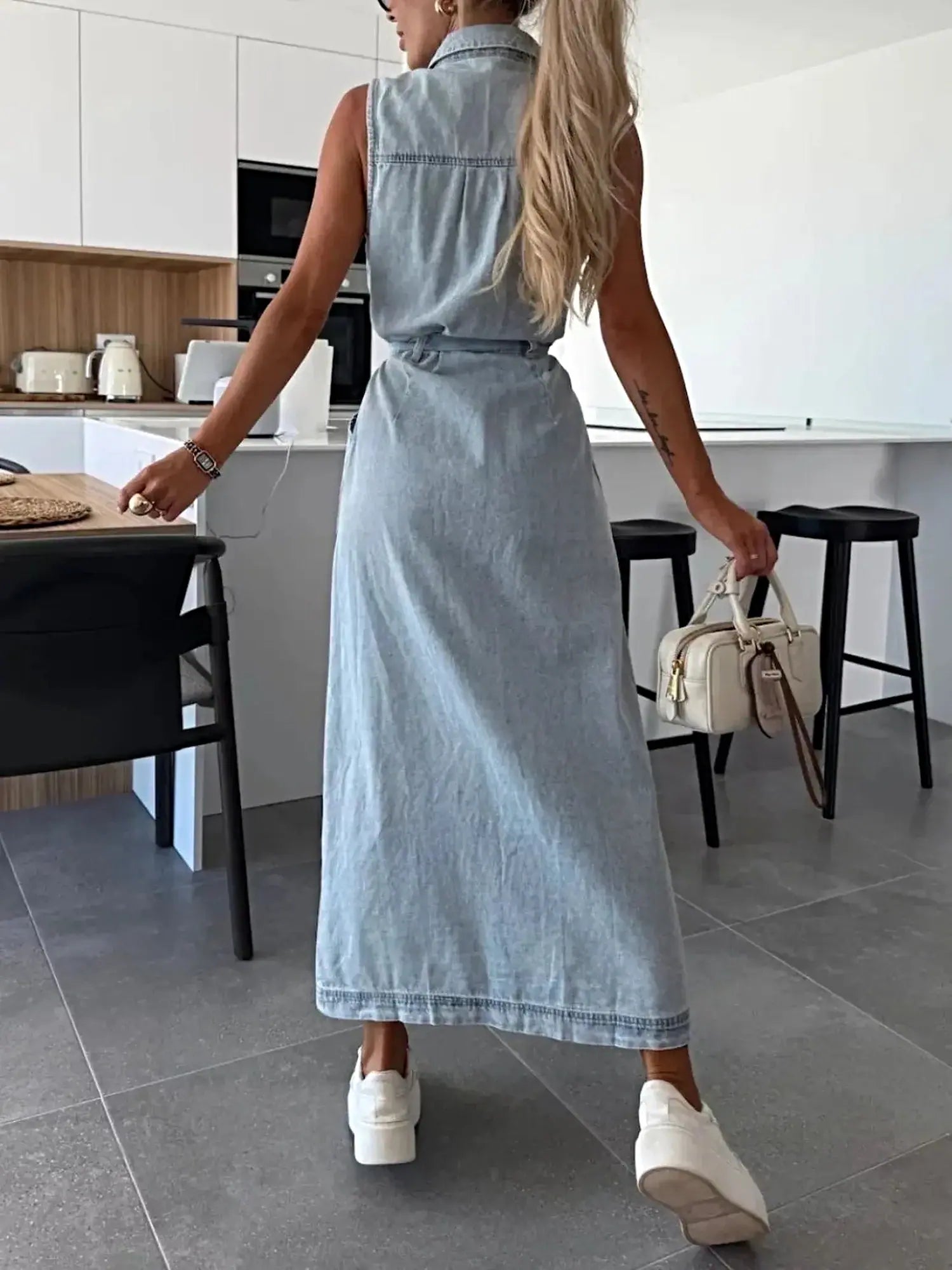 Button Front Sleeveless Denim Dress -
