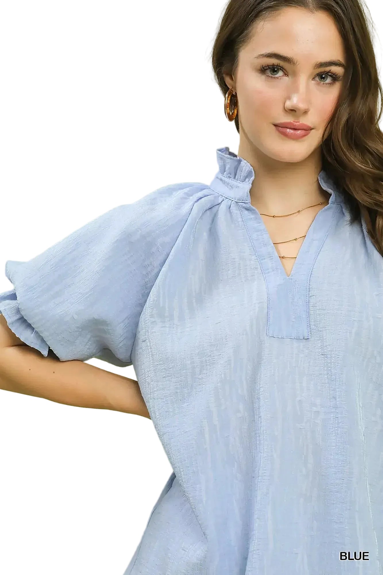Umgee Textured Puff Sleeve Split Neck Top -