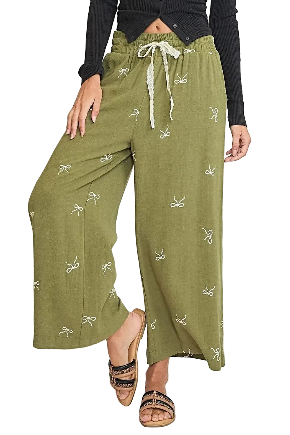 Umgee Full Size Lace Drawstring Embroidered Bow Wide Leg Pants Plus Size -