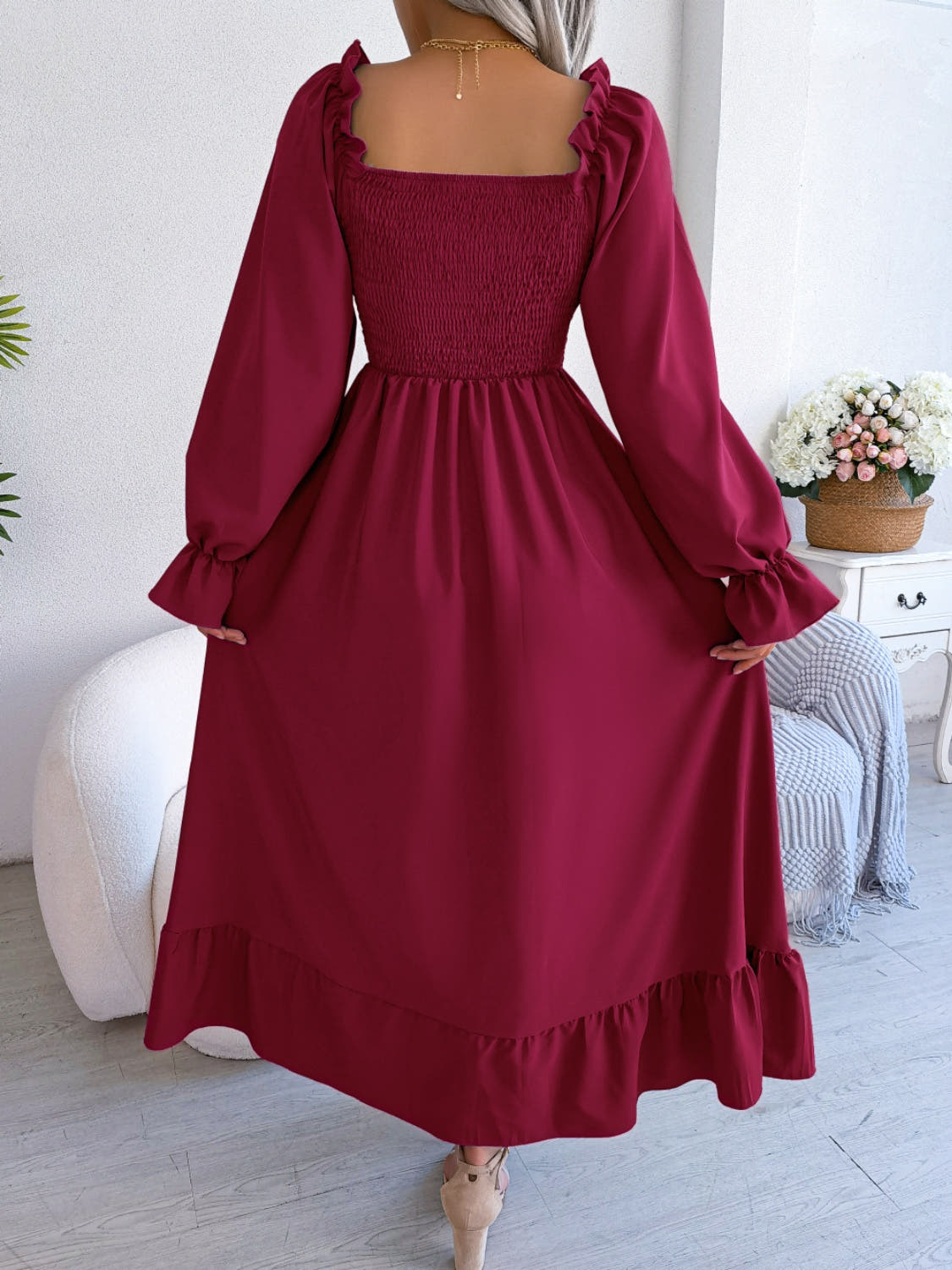 Smocked Square Neck Flounce Sleeve Dress -