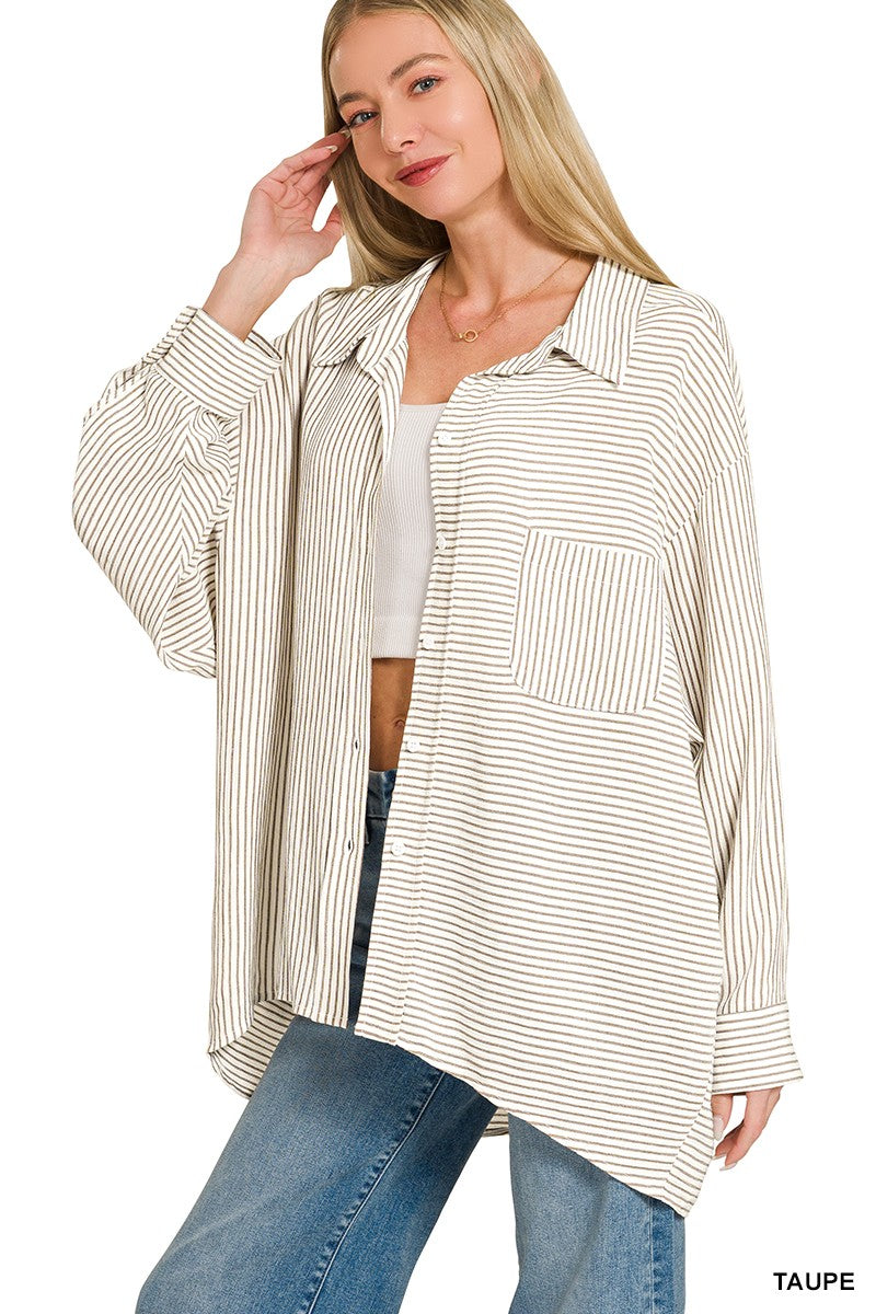Zenana Woven Stripe Button Down Shirt -