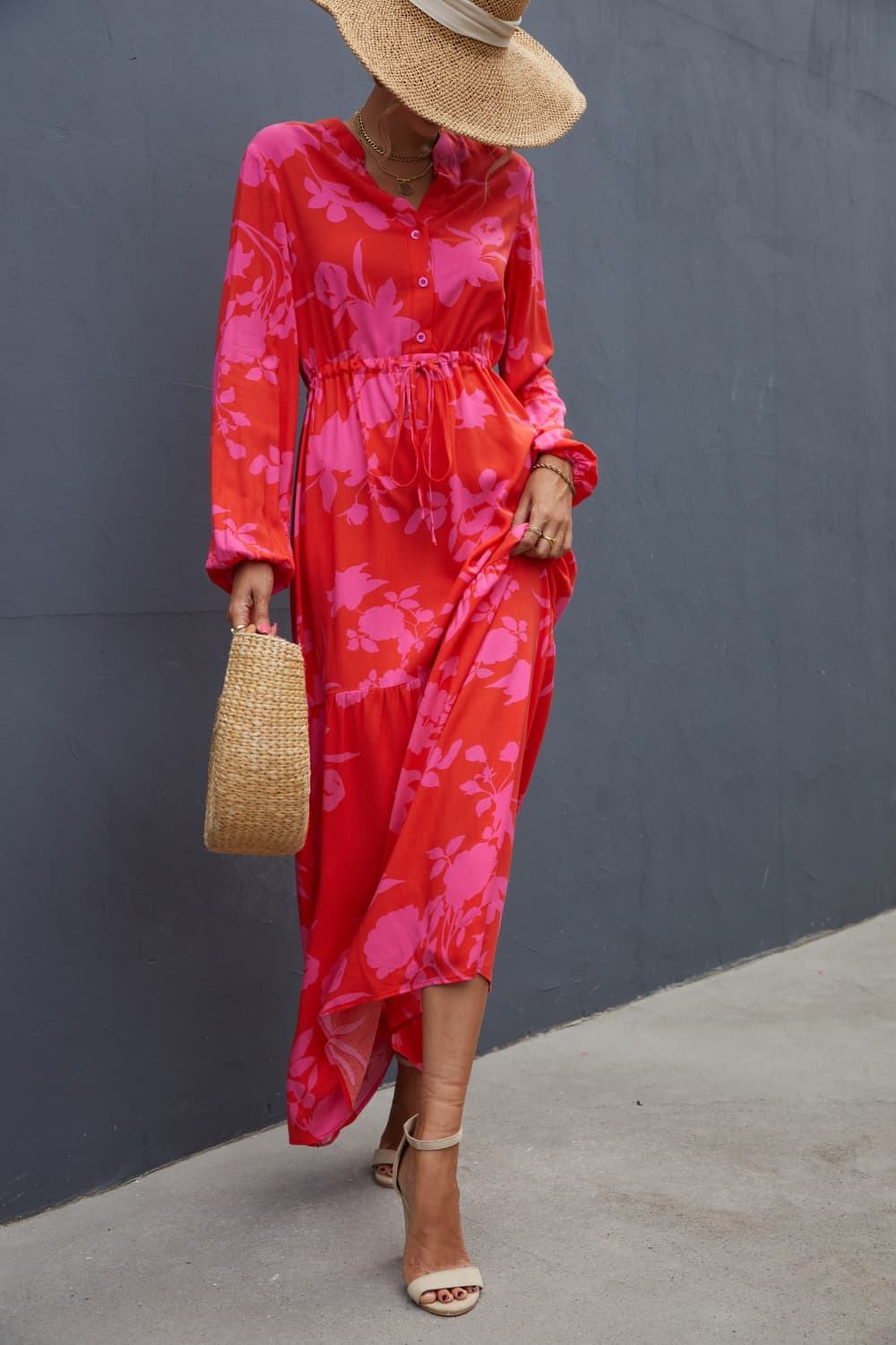 Floral Drawstring Waist Long Sleeve Dress -