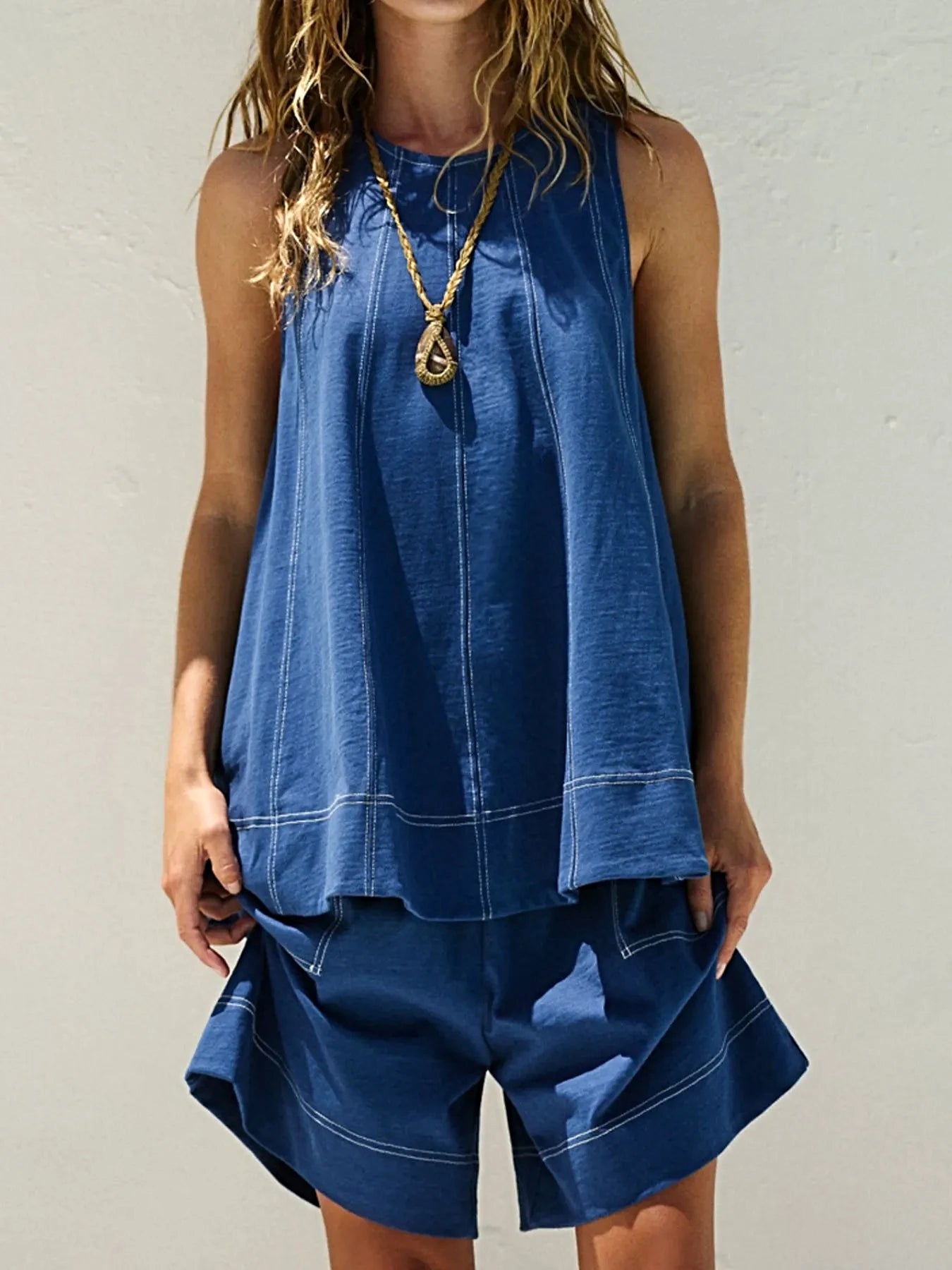 Casual Contrast Stitch Denim Tank Top and Shorts Set -