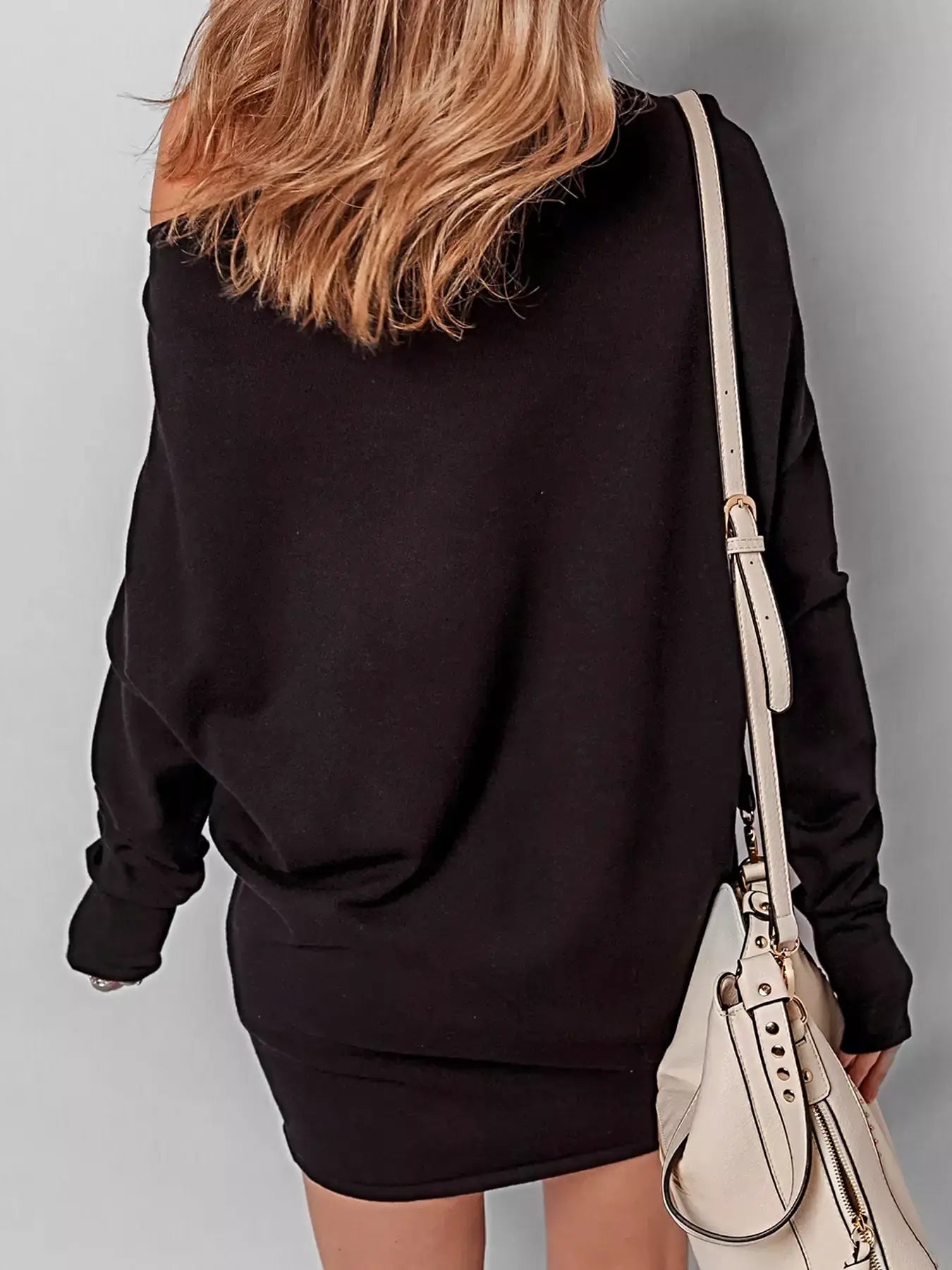 Asymmetric Neck Batwing Sleeve Shift Mini Sweater Dress -