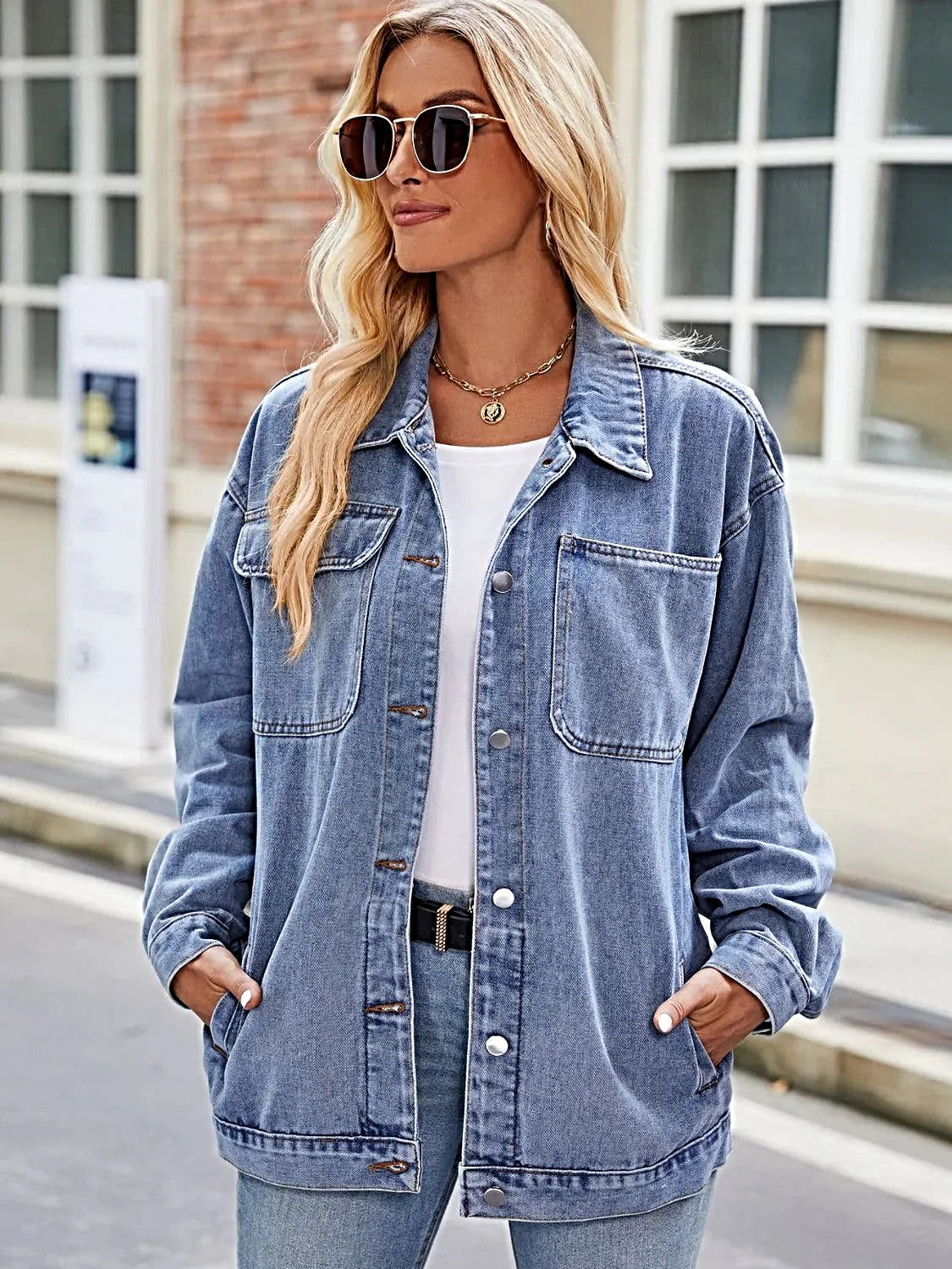 Button Up Denim Jacket with Pockets -