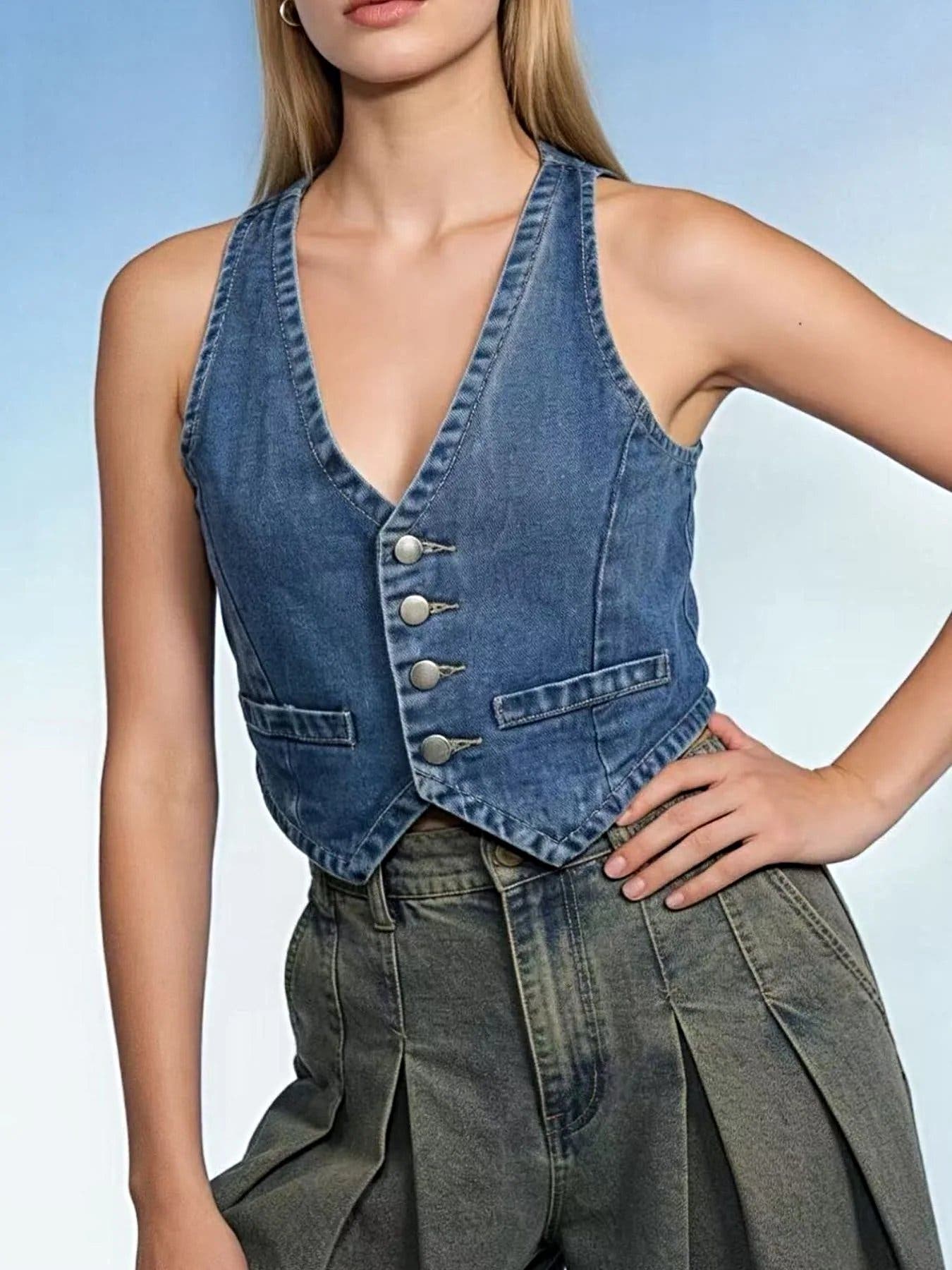 Button-Down Denim Vest -