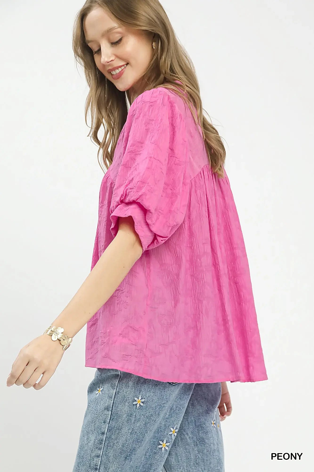 Umgee Textured Lace Trim V-Neck Boho Blouse -