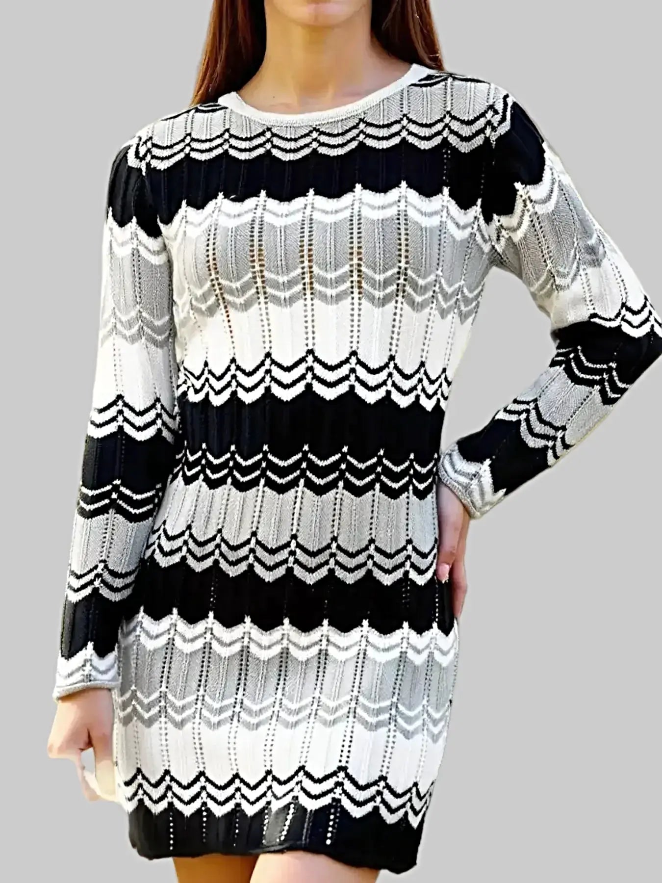 Openwork Wave Pattern Long Sleeve Sweater Dress -