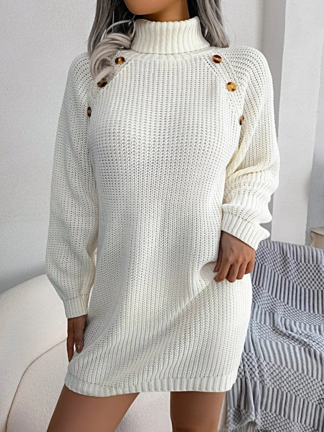Elegant Decorative Sweater Dress with Buttons - 100% Acrylic, Moderate Stretch, Machine Washable Trendsi