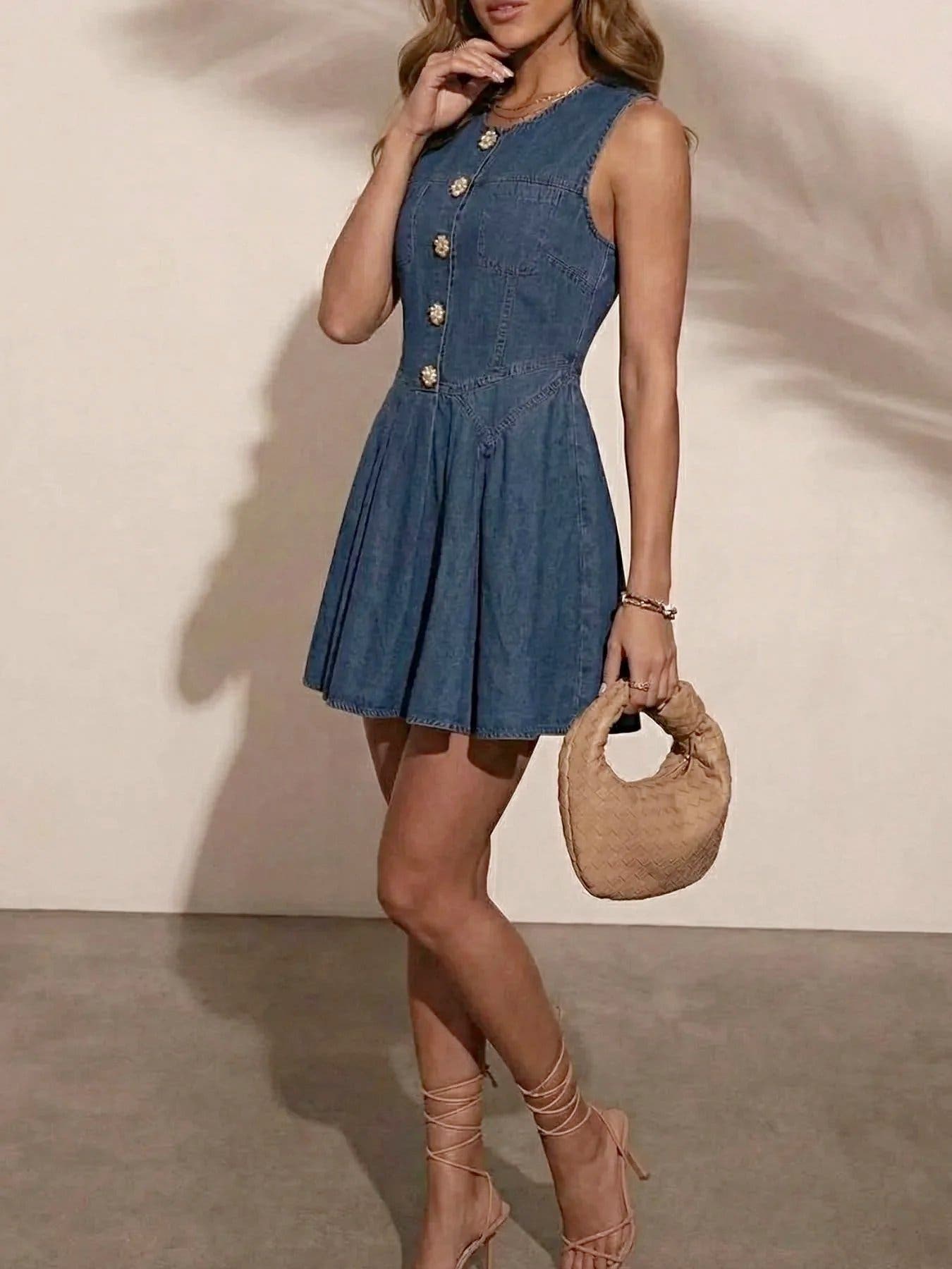 Button Decor Sleeveless Denim Dress -