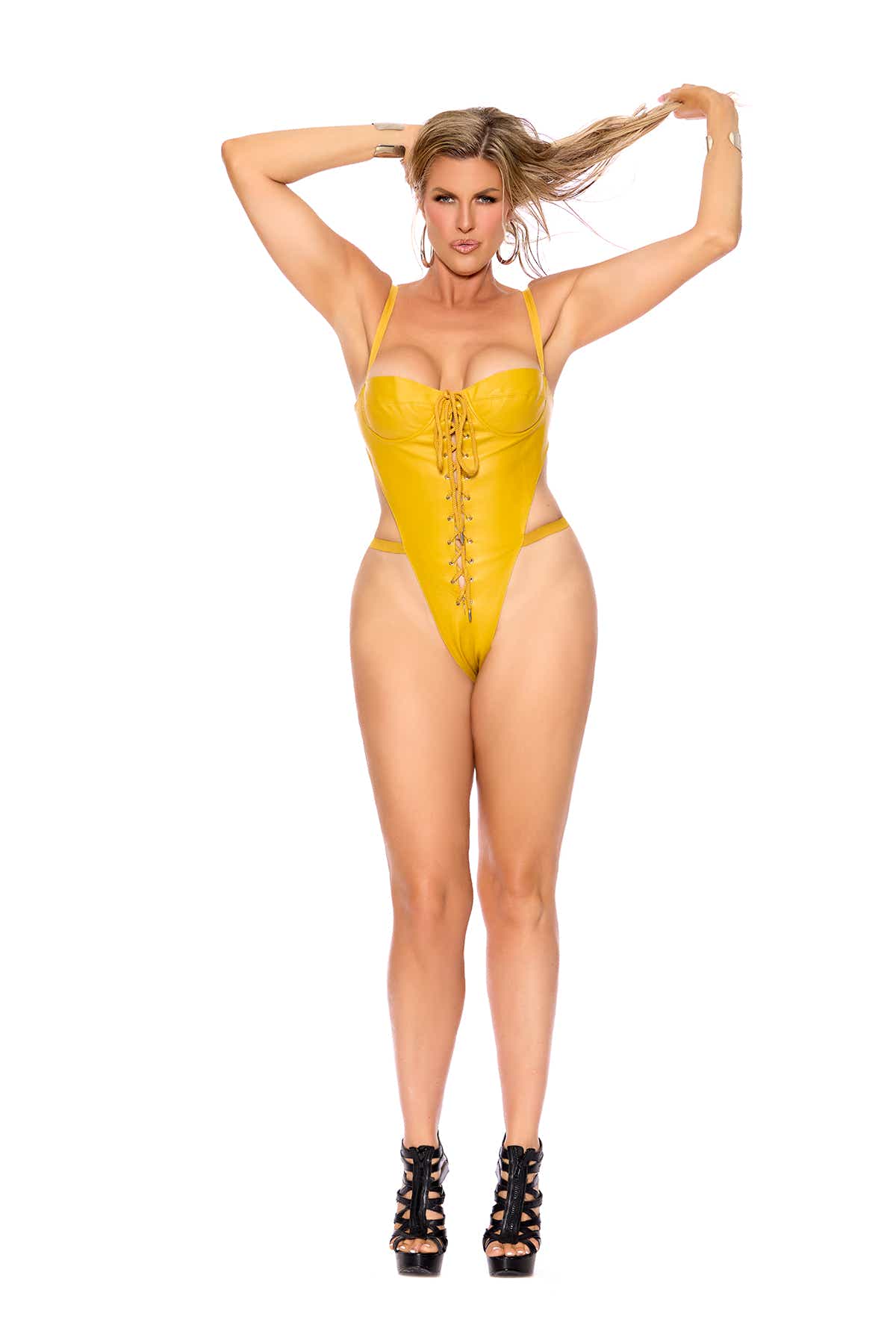 Elegant Moments Leather Teddy Lingerie with Lace-Up Front, Underwire Cups, Adjustable Straps Elegant Moments