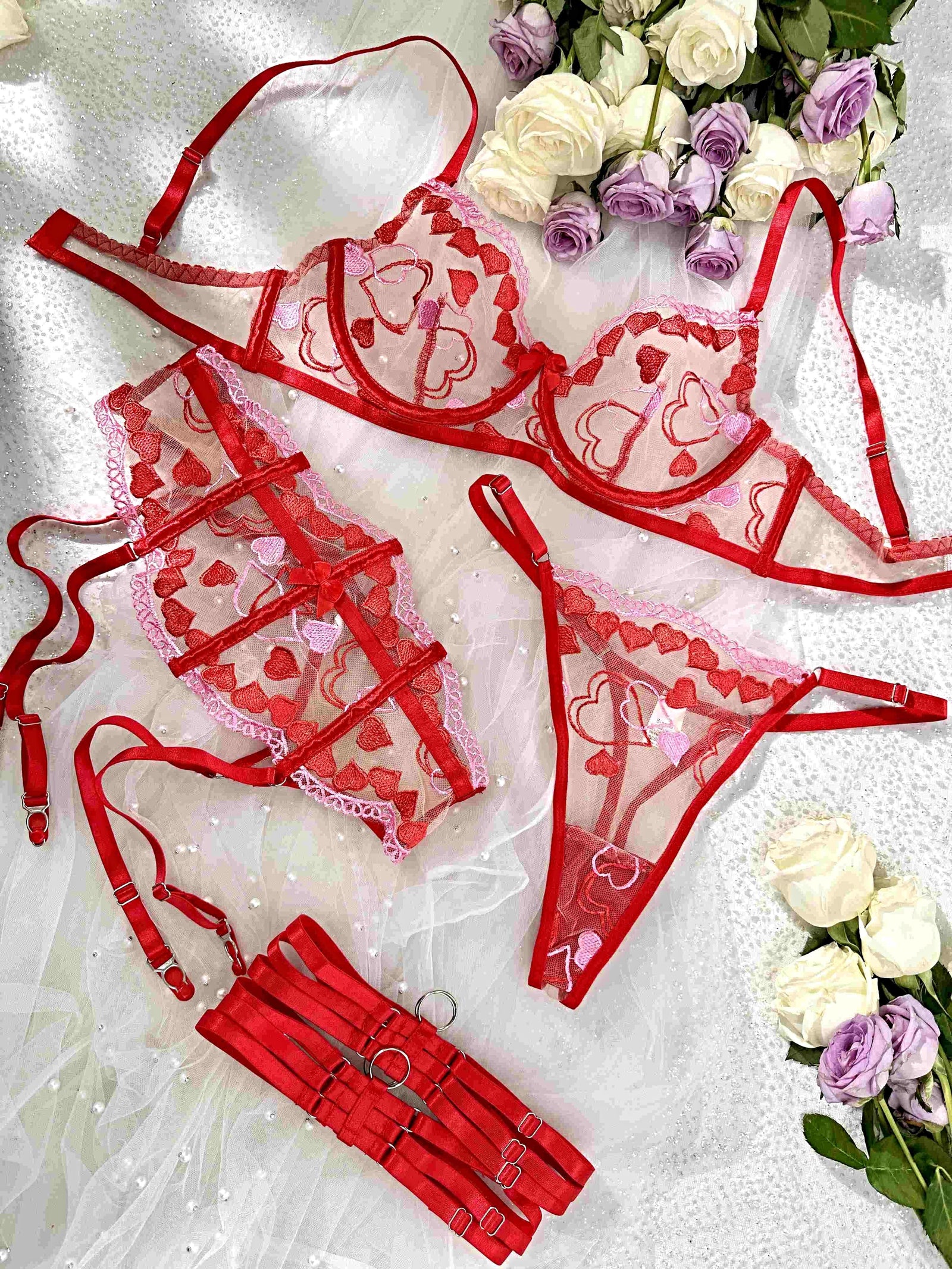 Amour Heart 3 Piece Lingerie Set - 3 pcs set