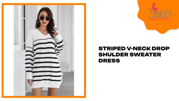 Striped V-Neck Drop Shulder Sweater Dress by@Outfy