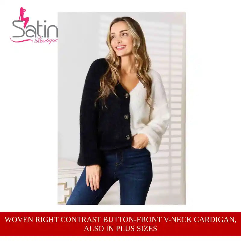 Woven Right Contrast Button-Front V-Neck Cardigan, Also in Plus sizes by@Outfy