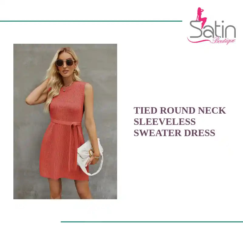 Tied Round Neck Sleeveless Sweater Dress by@Outfy