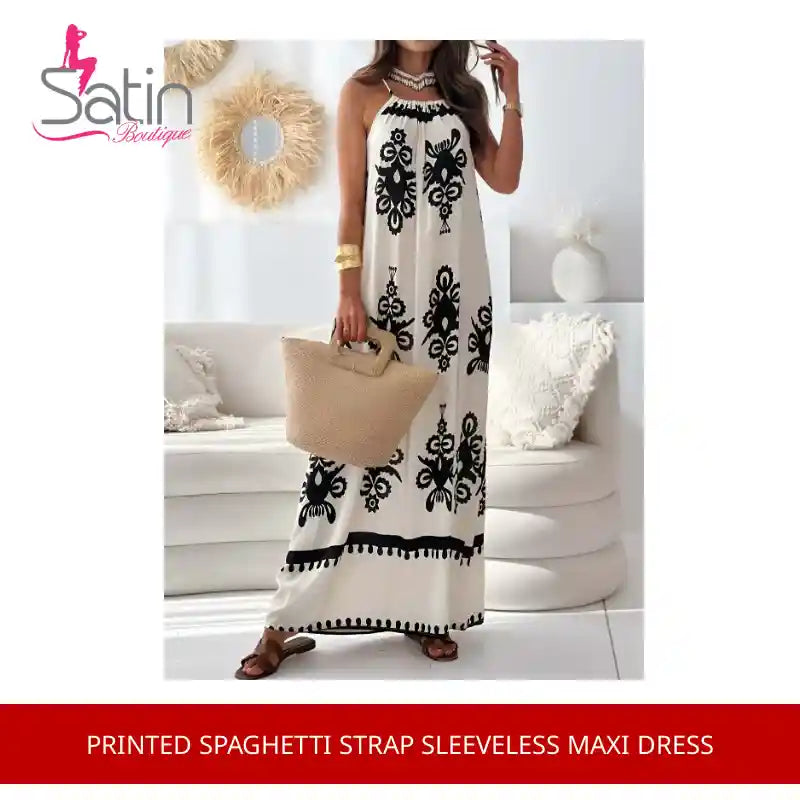 Printed Spaghetti Strap Sleeveless Maxi Dress by@Outfy