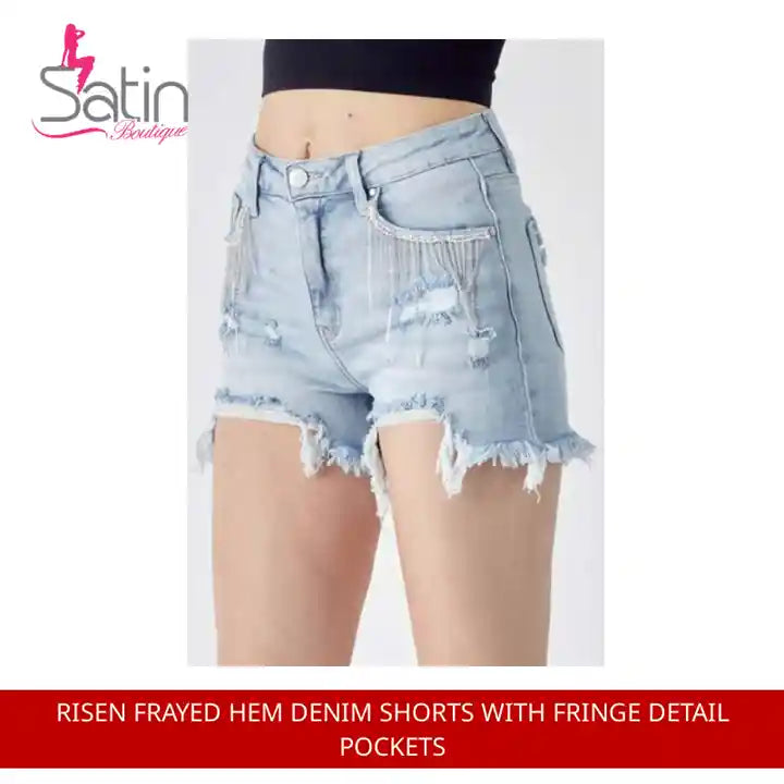 RISEN Frayed Hem Denim Shorts with Fringe Detail Pockets by@Outfy