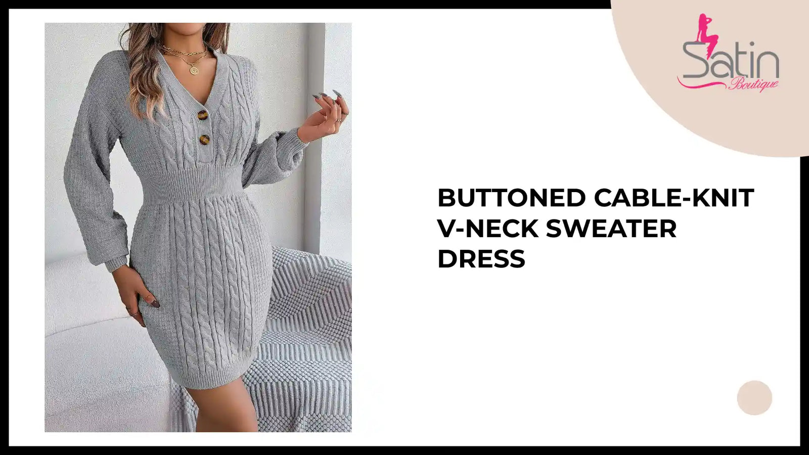 Buttoned Cable-Knit V-Neck Sweater Dress by@Outfy