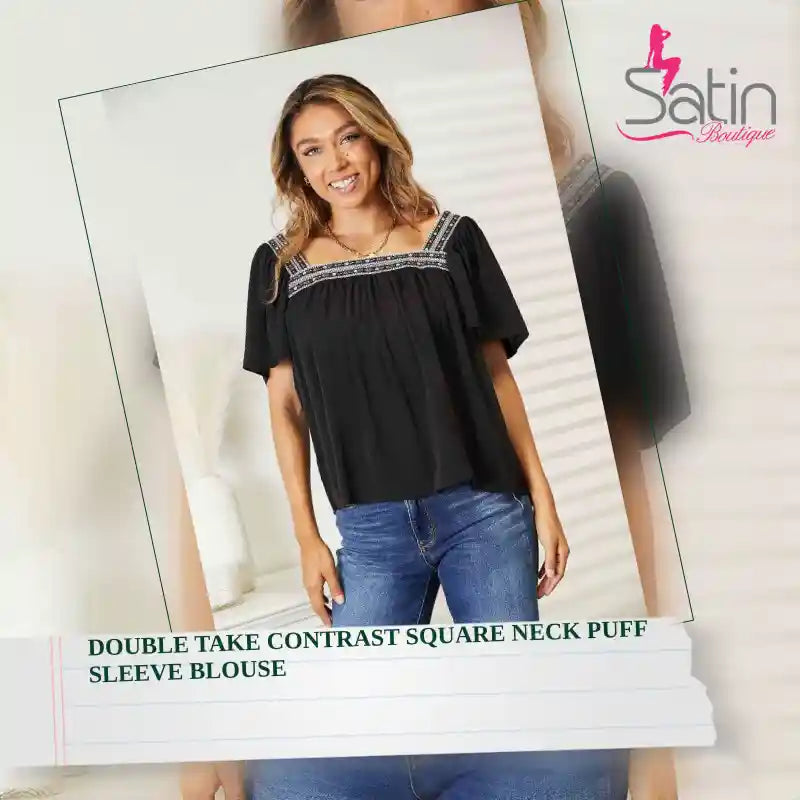 Double Take Contrast Square Neck Puff Sleeve Blouse by@Outfy