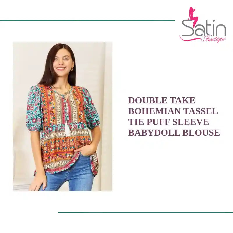 Double Take Bohemian Tassel Tie Puff Sleeve Babydoll Blouse by@Outfy