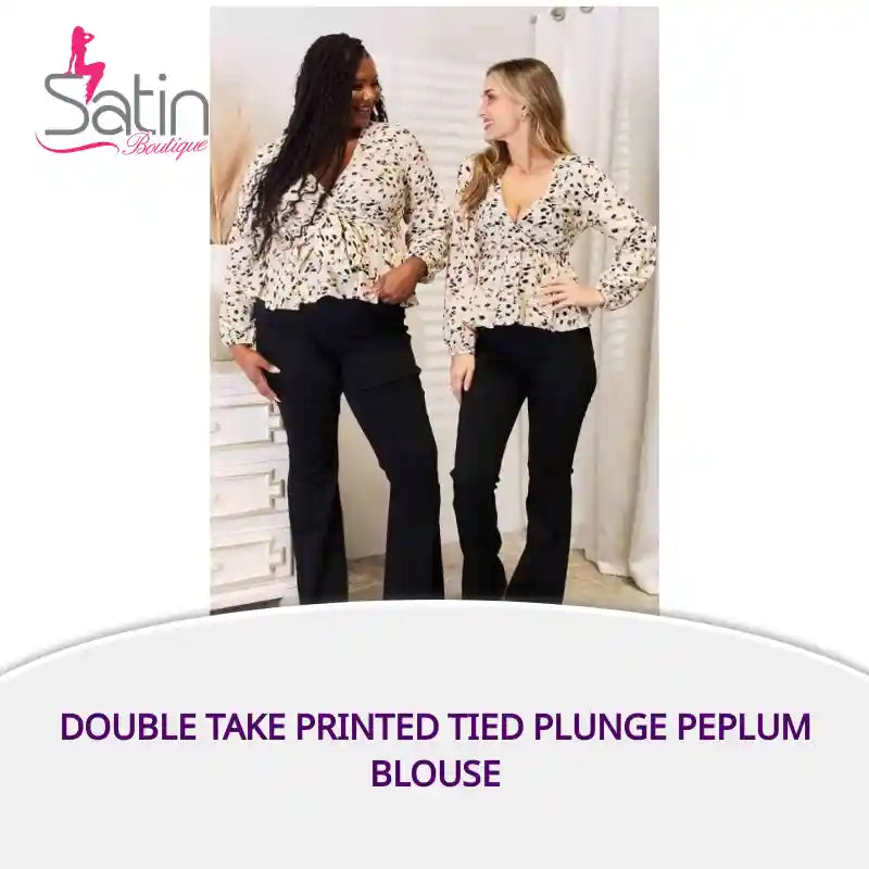 Double Take Printed Tied Plunge Peplum Blouse by@Outfy