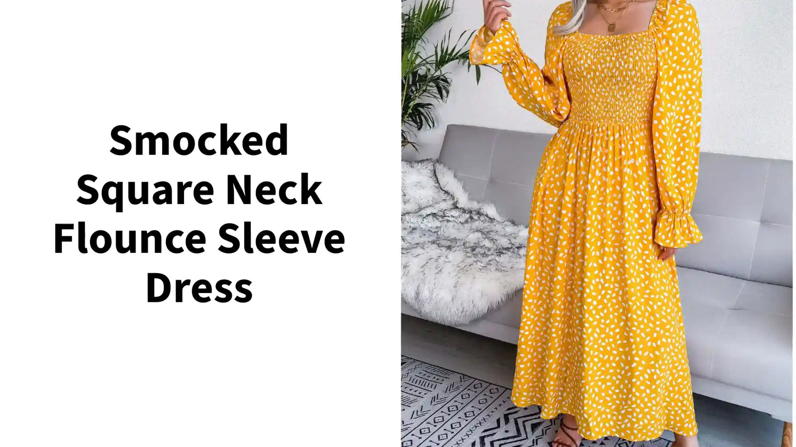 Smocked Square Neck Flounce Sleeve Dress by@Outfy