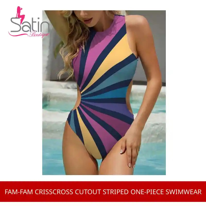 FAM-FAM Crisscross Cutout Striped One-Piece Swimwear by@Outfy