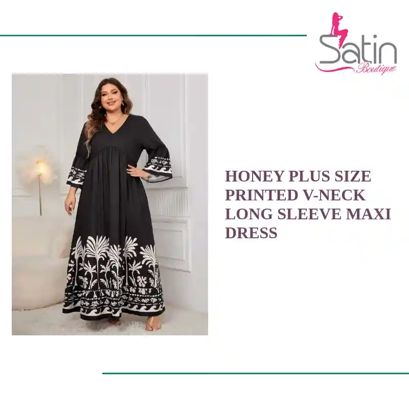 Honey Plus Size Printed V-Neck Long Sleeve Maxi Dress by@Outfy