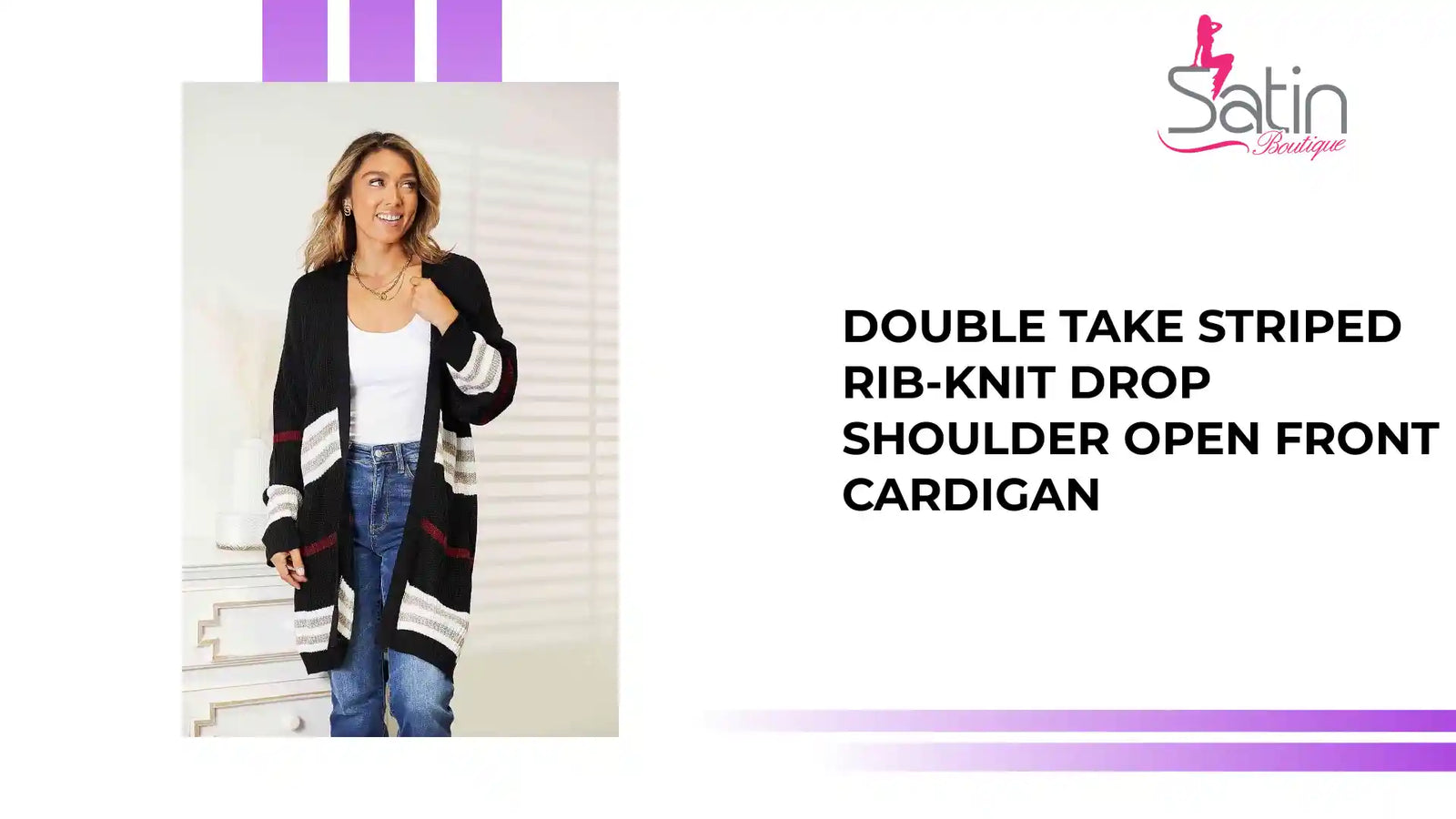 Double Take Striped Rib-Knit Drop Shoulder Open Front Cardigan by@Outfy