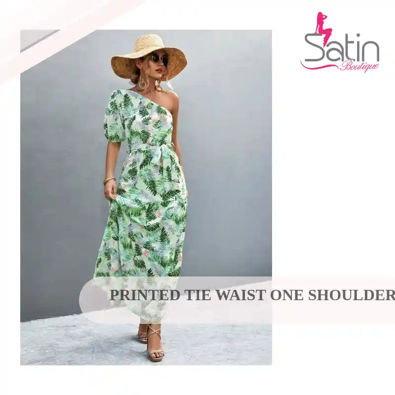 Printed Tie Waist One Shoulder Maxi Dress by@Outfy