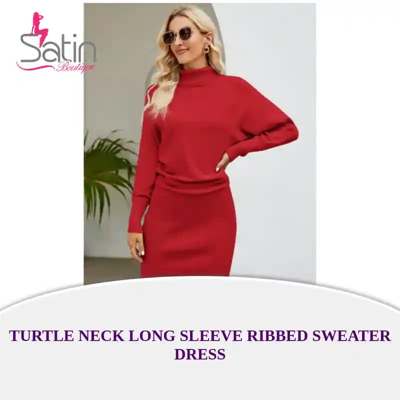 Turtle Neck Long Sleeve Ribbed Sweater Dress by@Outfy