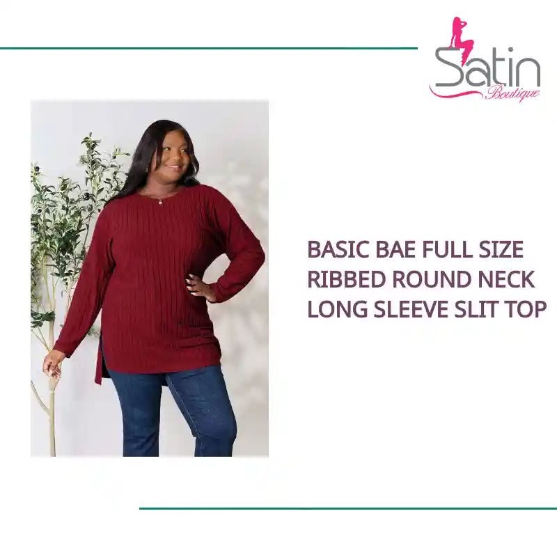 Basic Bae Full Size Ribbed Round Neck Long Sleeve Slit Top by@Outfy