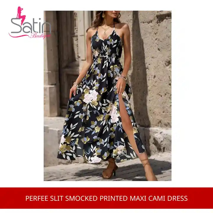 Perfee Slit Smocked Printed Maxi Cami Dress by@Outfy