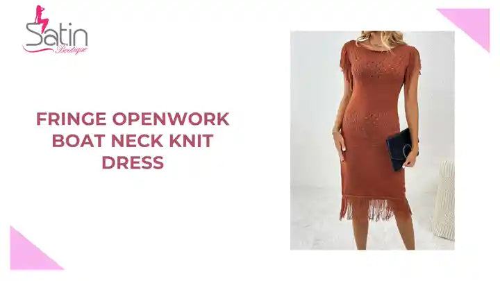 Fringe Openwork Boat Neck Knit Dress by@Outfy