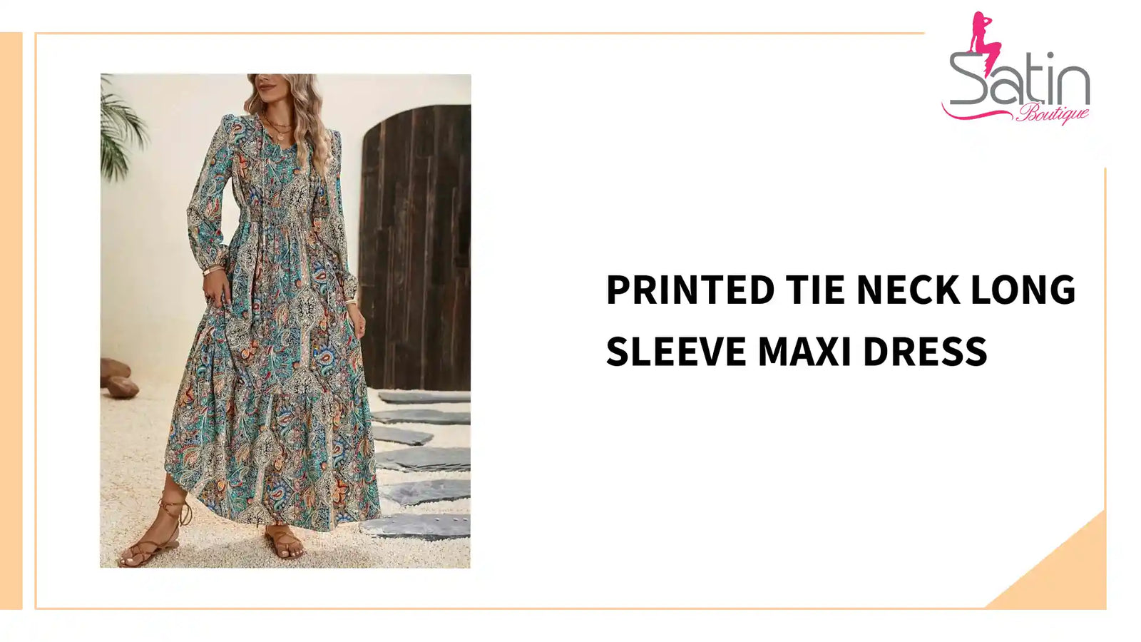 Printed Tie Neck Long Sleeve Maxi Dress by@Outfy