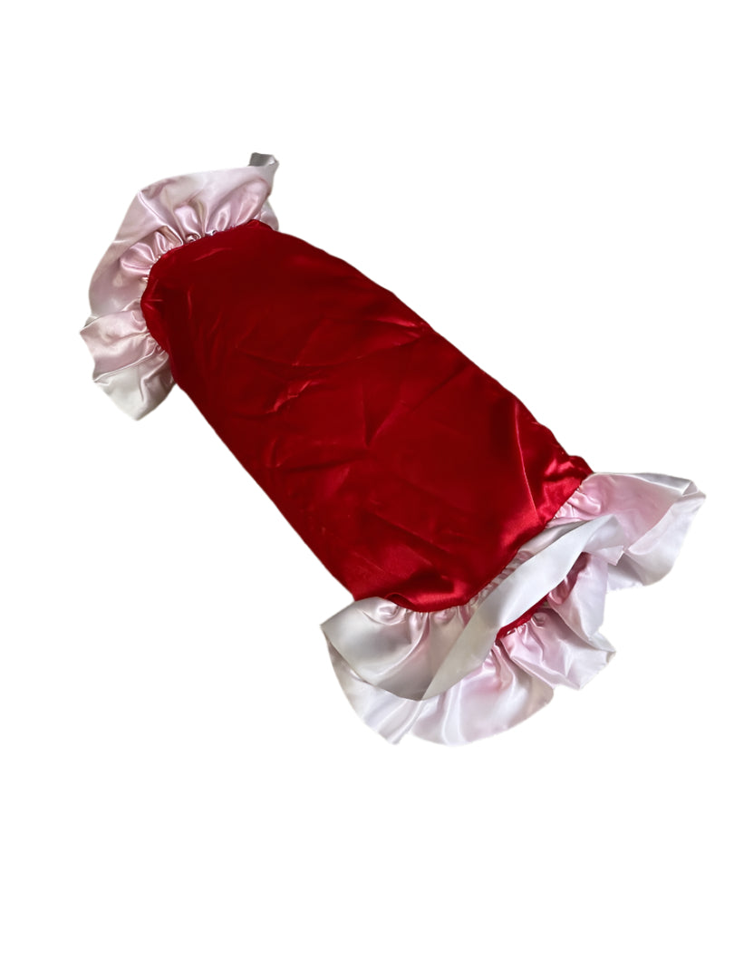 Elegant Red Decorative Pillow - Custom Lingerie Satin Mini Neck Roll Sham with 2.5" Ruffle, showcasing a luxurious red decorative pillow with elegant white ruffles, perfect for enhancing your home decor.